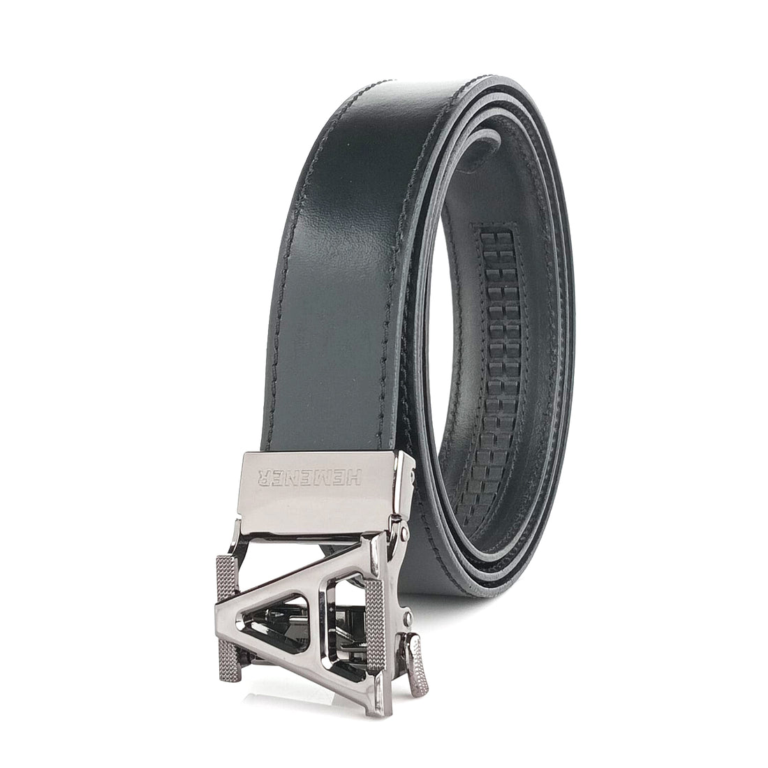 Hemener Men A Letter Metal Buckle Black Genuine Leather Belt