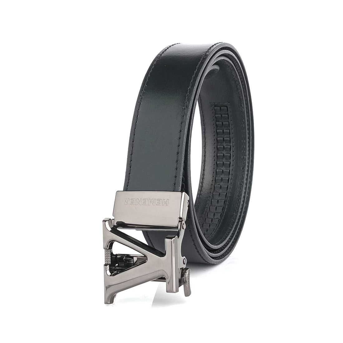 Hemener Men V Letter Metal Buckle Black Genuine Leather Belt