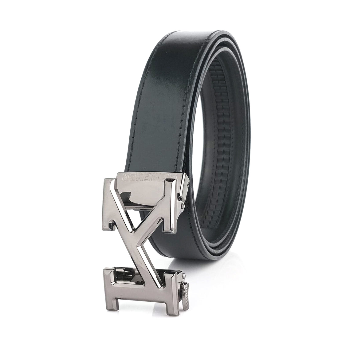 Hemener Men K Letter Metal Buckle Black Genuine Leather Belt