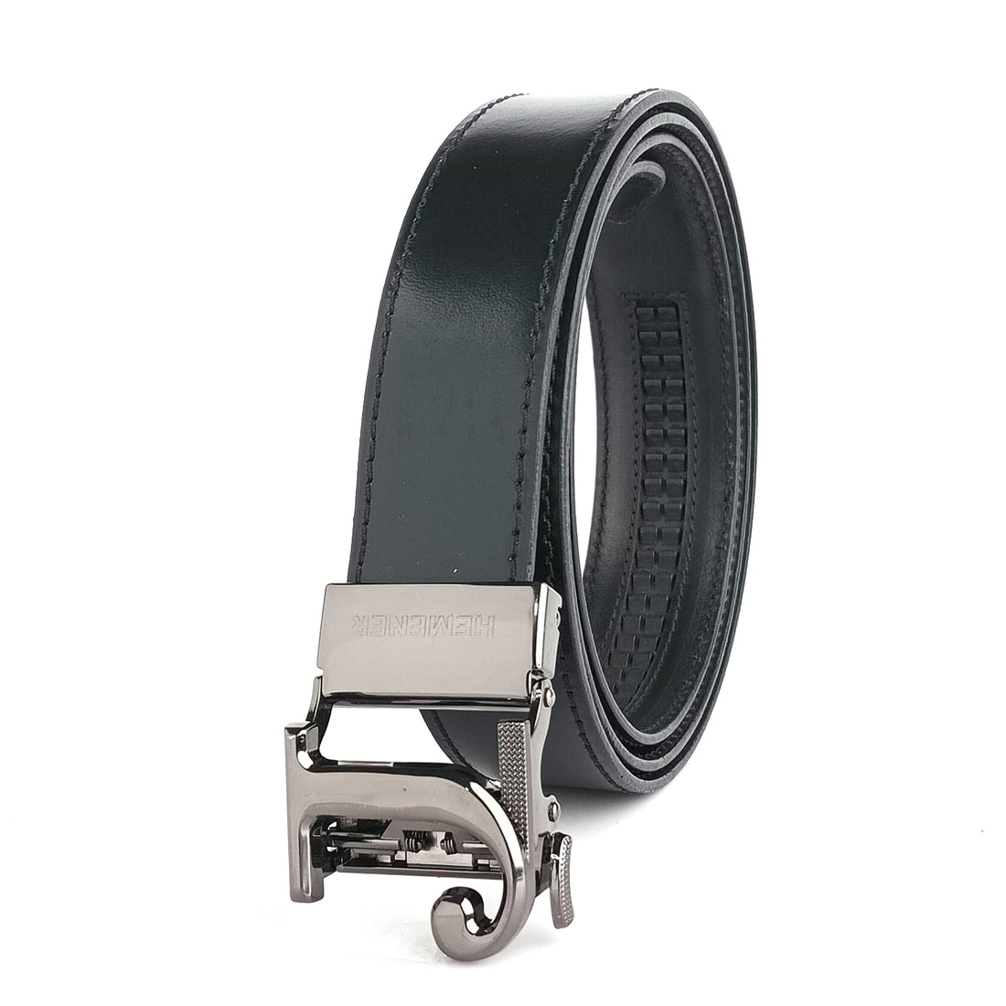 Hemener Men J Letter Metal Buckle Black Genuine Leather Belt