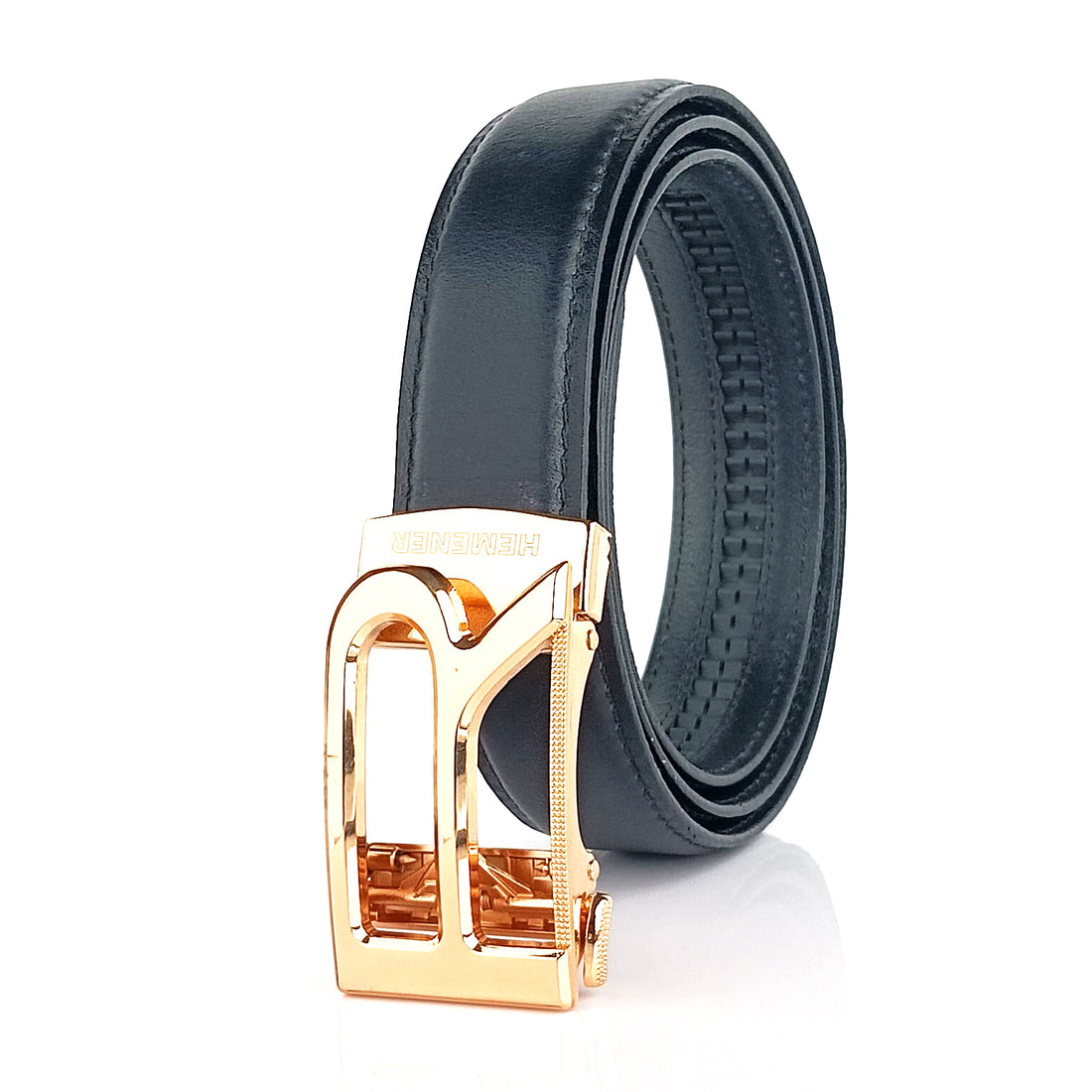 Hemener Men R  Letter Metal Auto Grip Buckle  Black Genuine Leather Belt