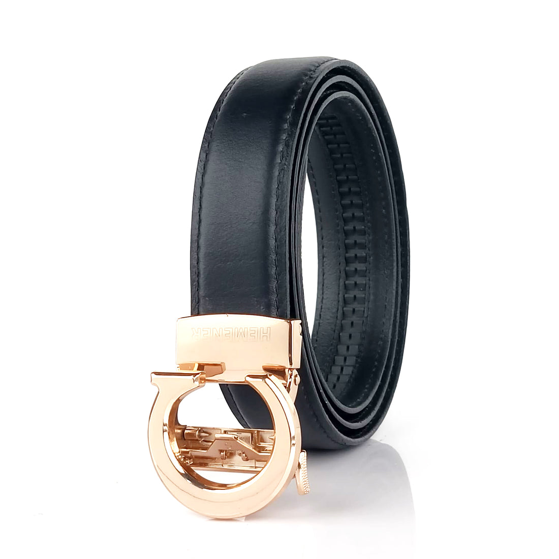 Hemener Men C  Letter Metal Auto Grip Buckle  Black Genuine Leather Belt