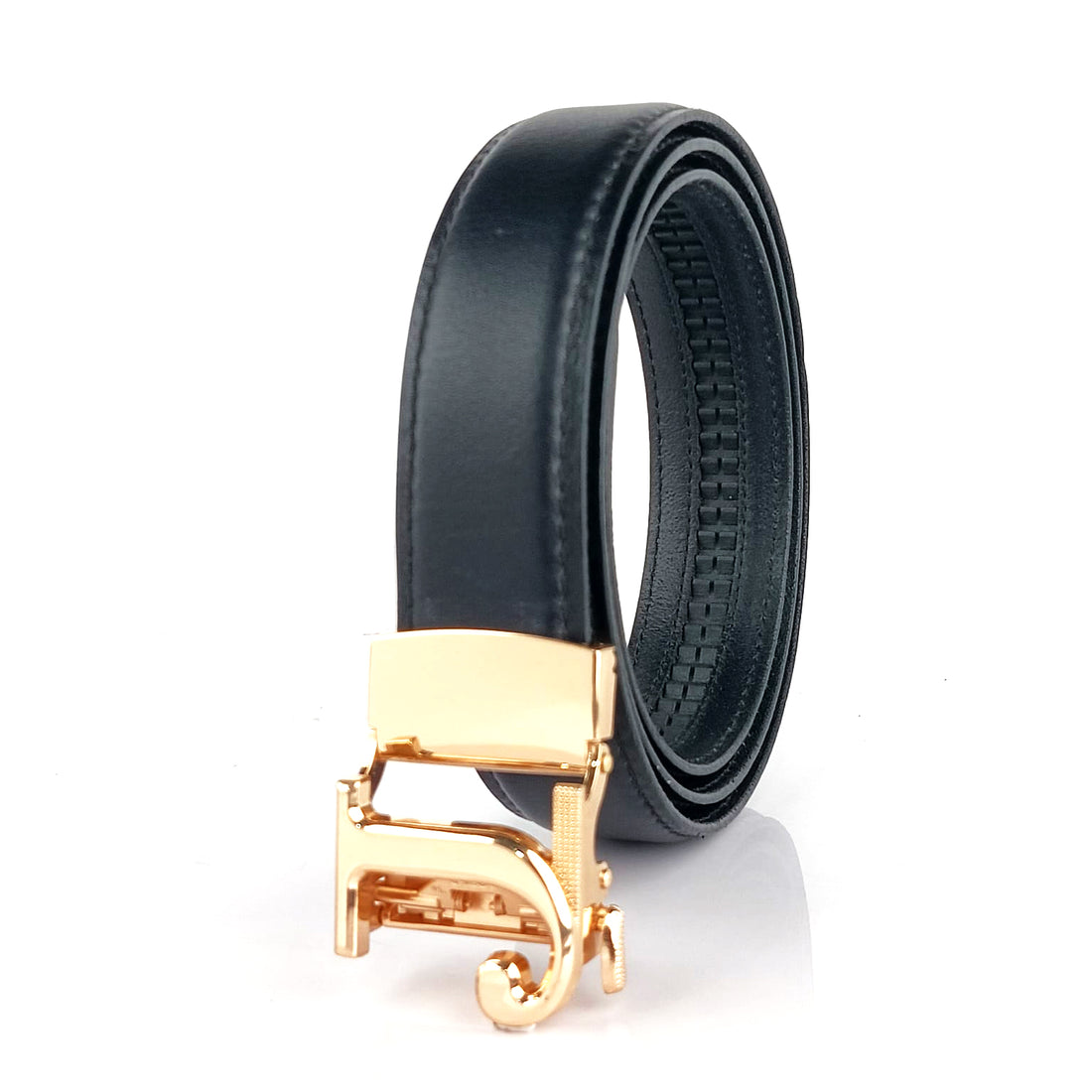 Hemener Men J  Letter Metal Auto Grip Buckle  Black Genuine Leather Belt