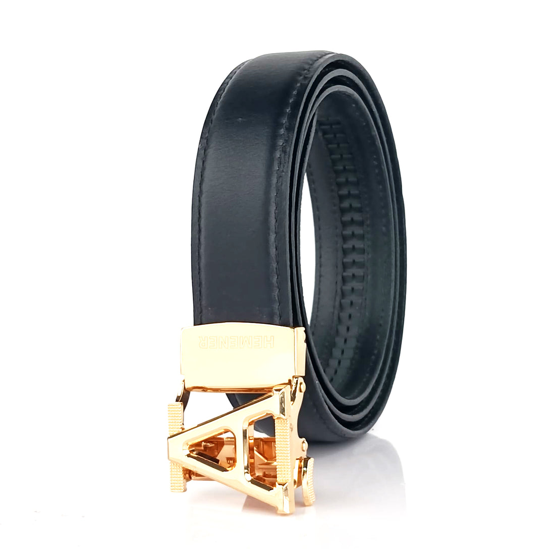 Hemener Men A  Letter Metal Auto Grip Buckle  Black Genuine Leather Belt