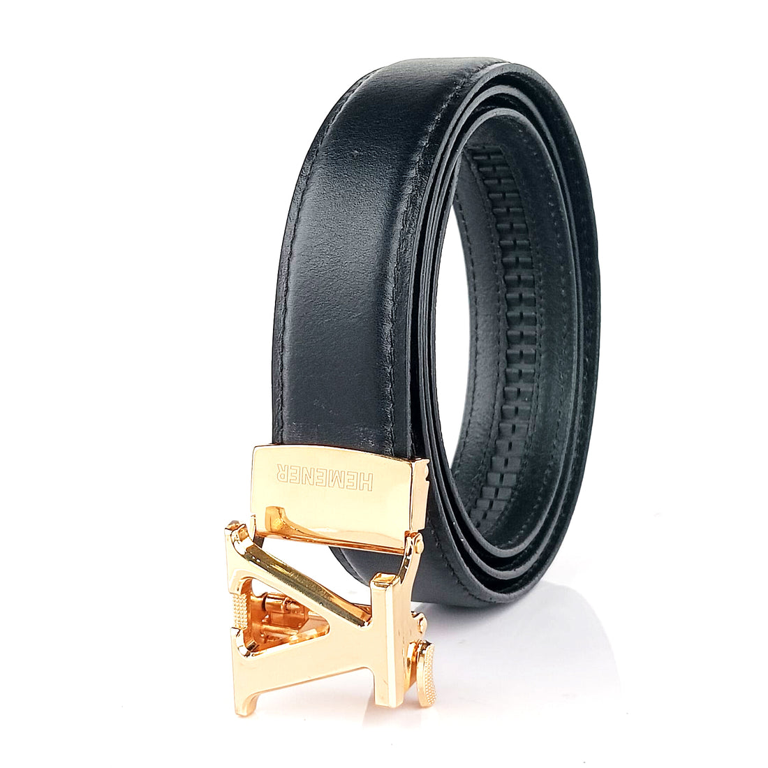 Hemener Men V  Letter Metal Auto Grip Buckle  Black Genuine Leather Belt