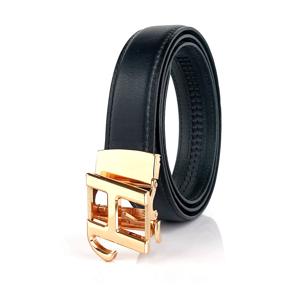 Hemener Men H  Letter Metal Auto Grip Buckle  Black Genuine Leather Belt