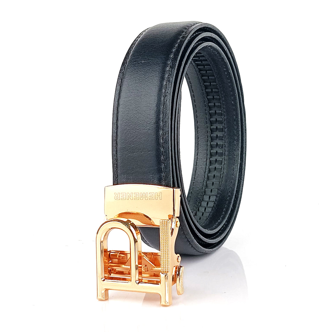 Hemener Men P  Letter Metal Auto Grip Buckle  Black Genuine Leather Belt