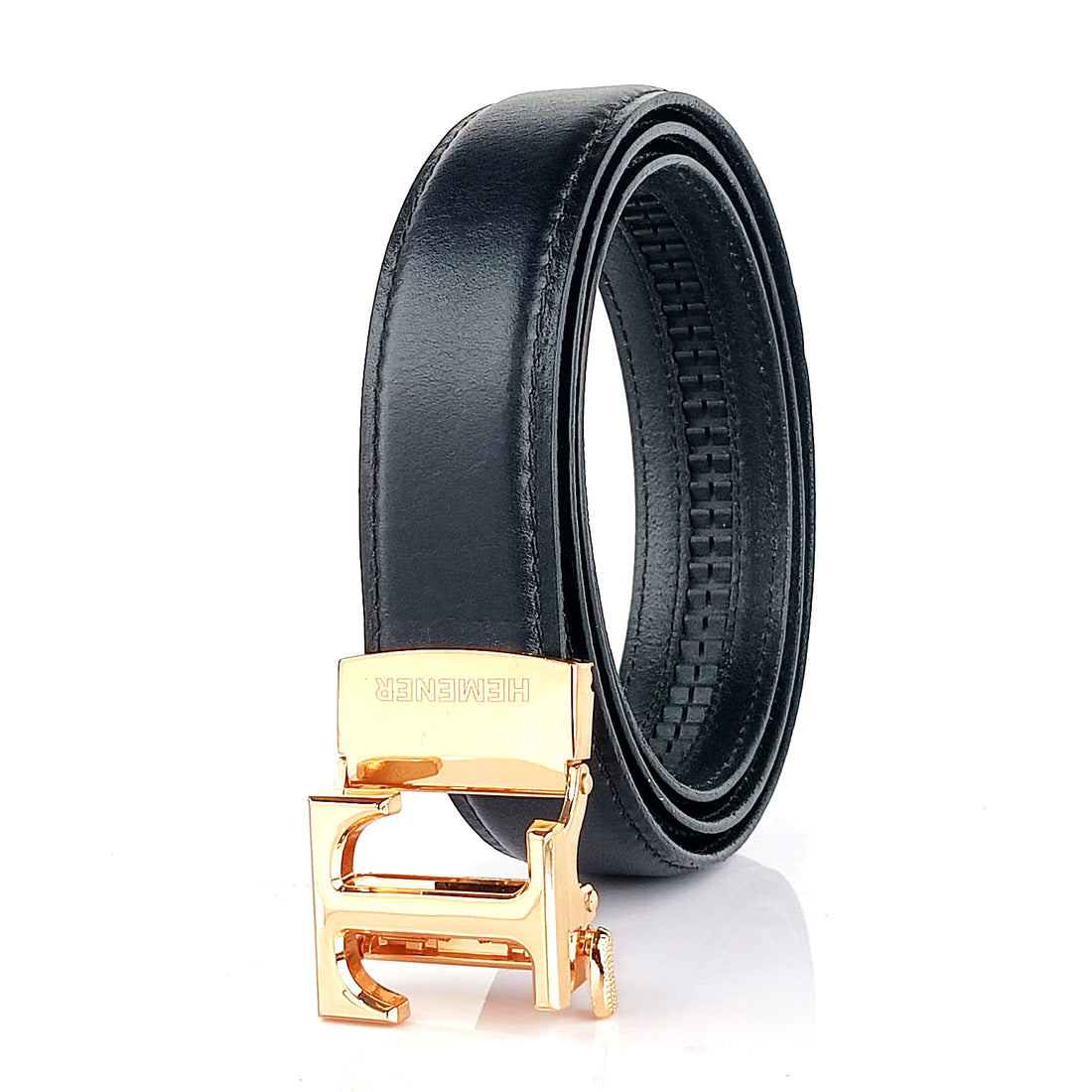 Hemener Men T  Letter Metal Auto Grip Buckle  Black Genuine Leather Belt