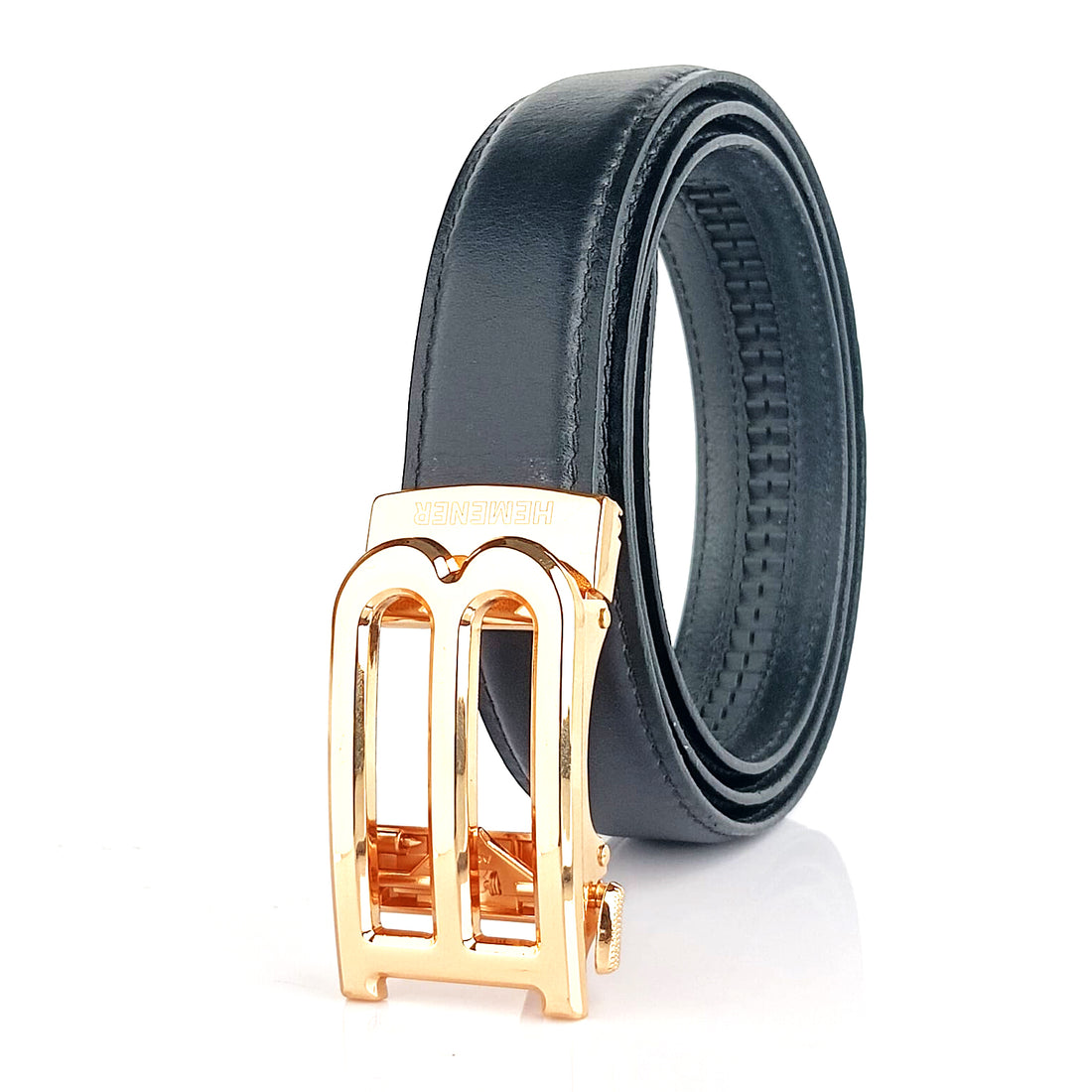 Hemener Men B  Letter Metal Auto Grip Buckle  Black Genuine Leather Belt