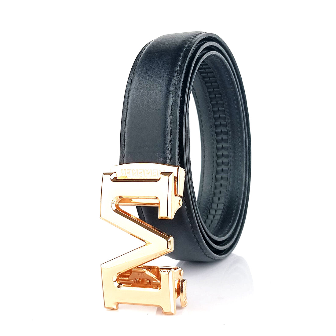 Hemener Men M  Letter Metal Auto Grip Buckle  Black Genuine Leather Belt