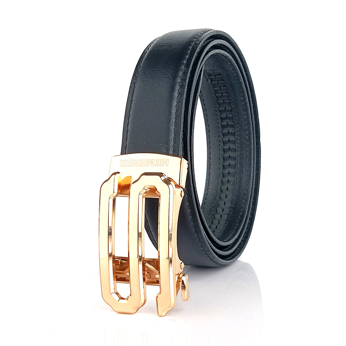 Hemener Men S  Letter Metal Auto Grip Buckle  Black Genuine Leather Belt