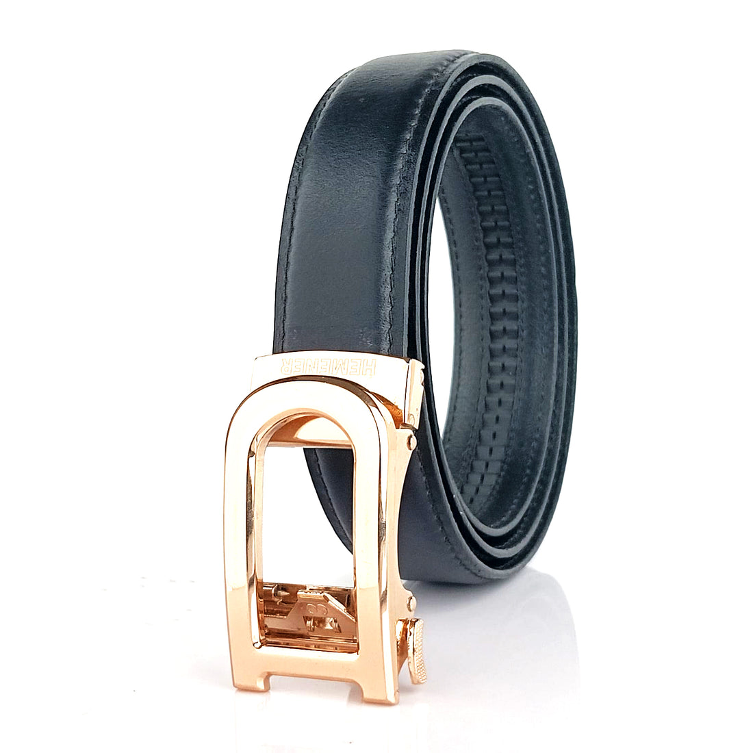 Hemener Men D  Letter Metal Auto Grip Buckle  Black Genuine Leather Belt