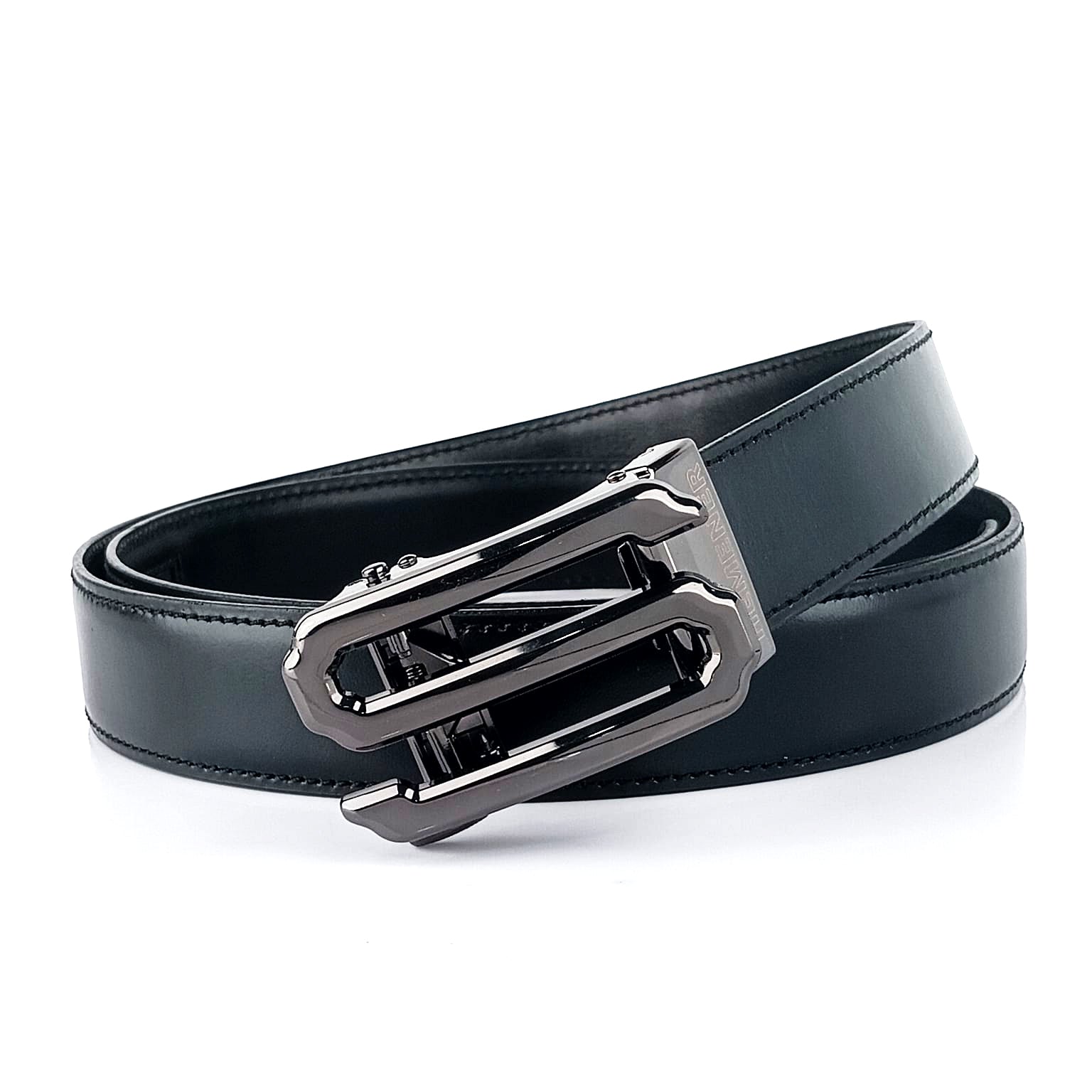 Hemener Men S Letter Metal Buckle Black Genuine Leather Belt