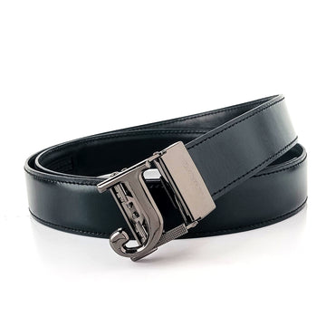 Hemener Men J Letter Metal Buckle Black Genuine Leather Belt