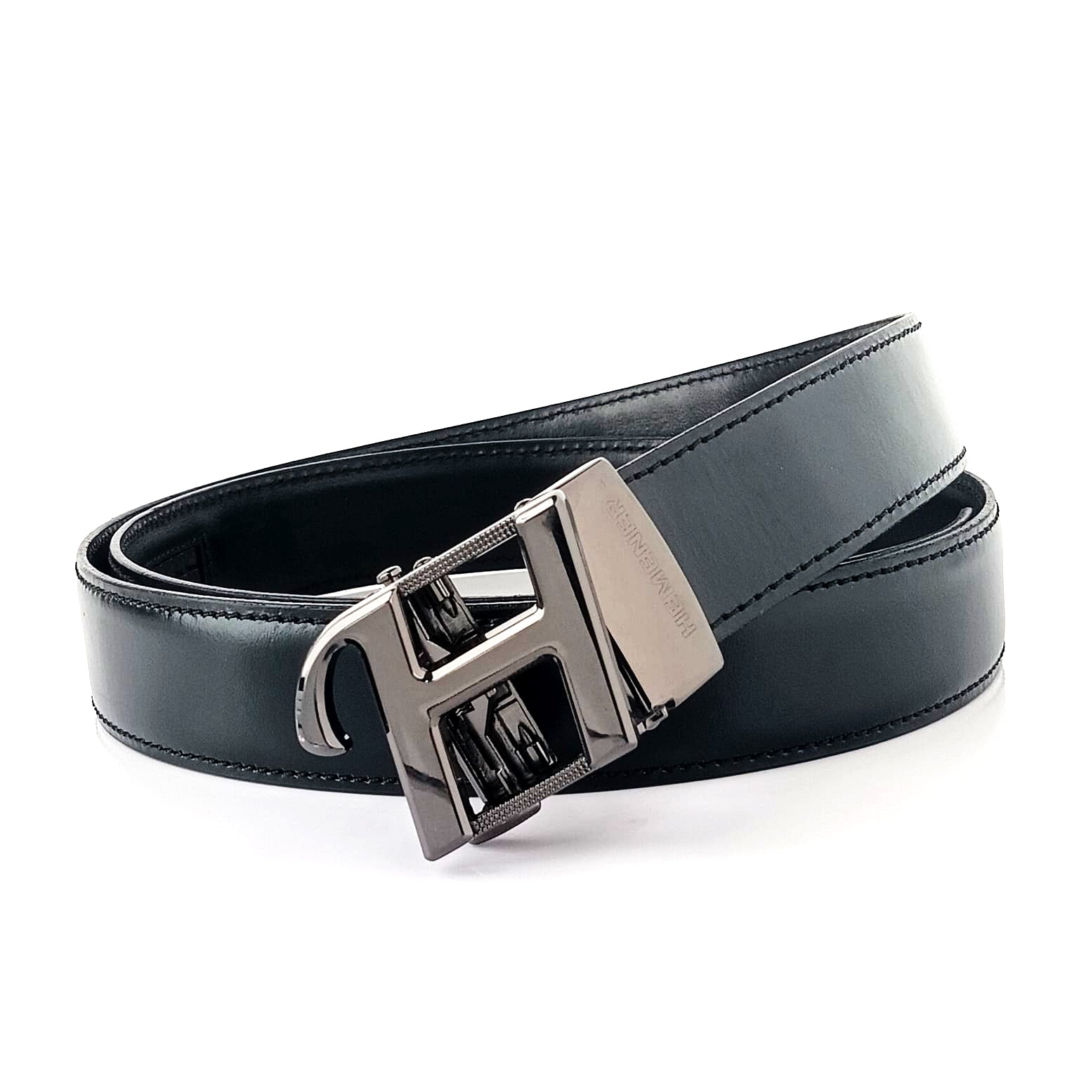 Hemener Men H Letter Metal Buckle Black Genuine Leather Belt