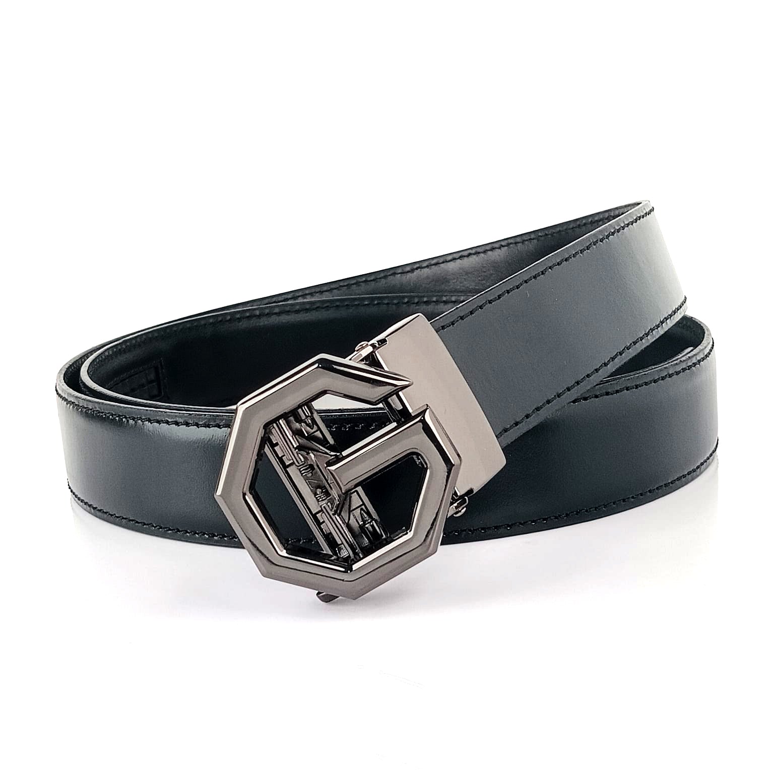 Hemener Men G Letter Metal Buckle Black Genuine Leather Belt