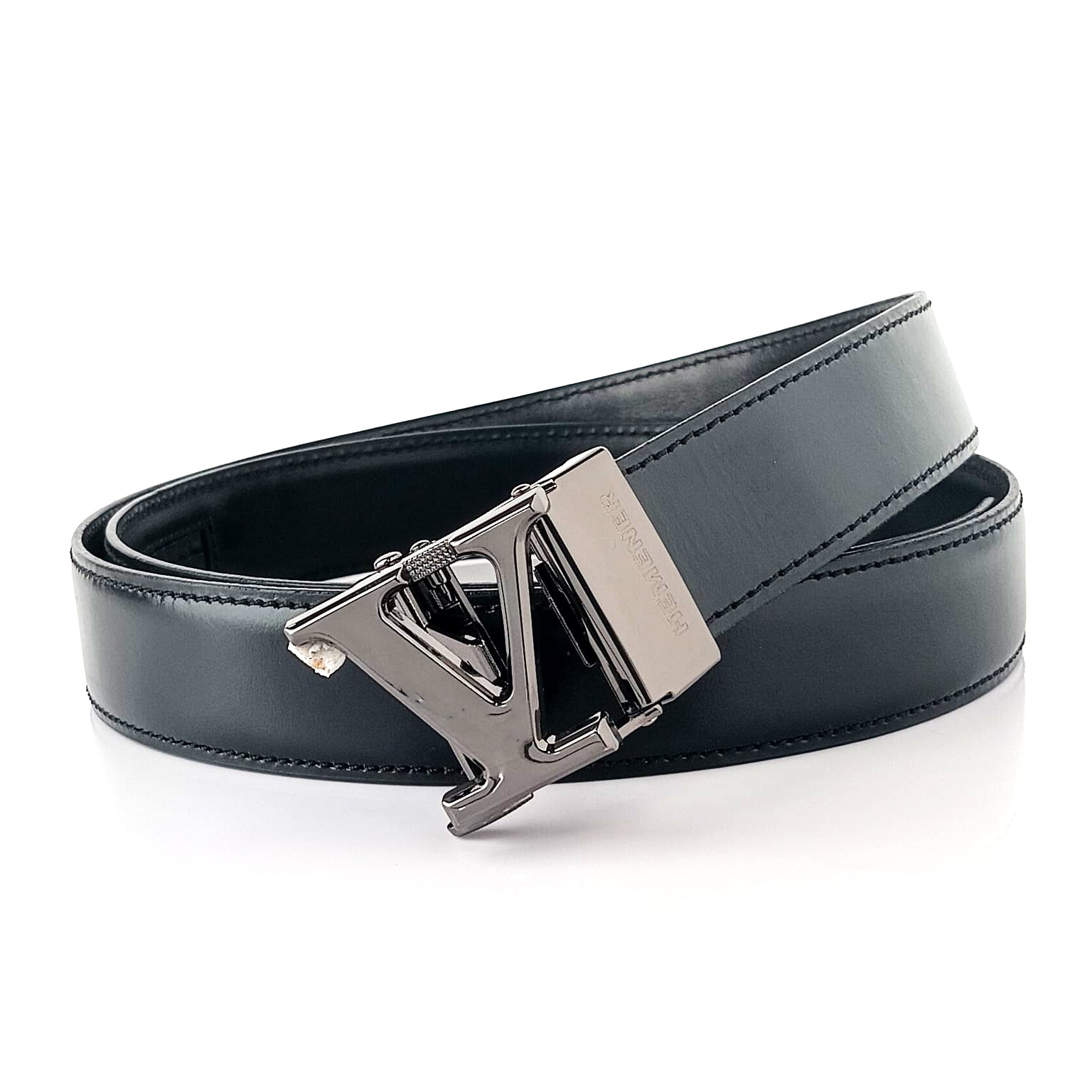 Hemener Men V Letter Metal Buckle Black Genuine Leather Belt