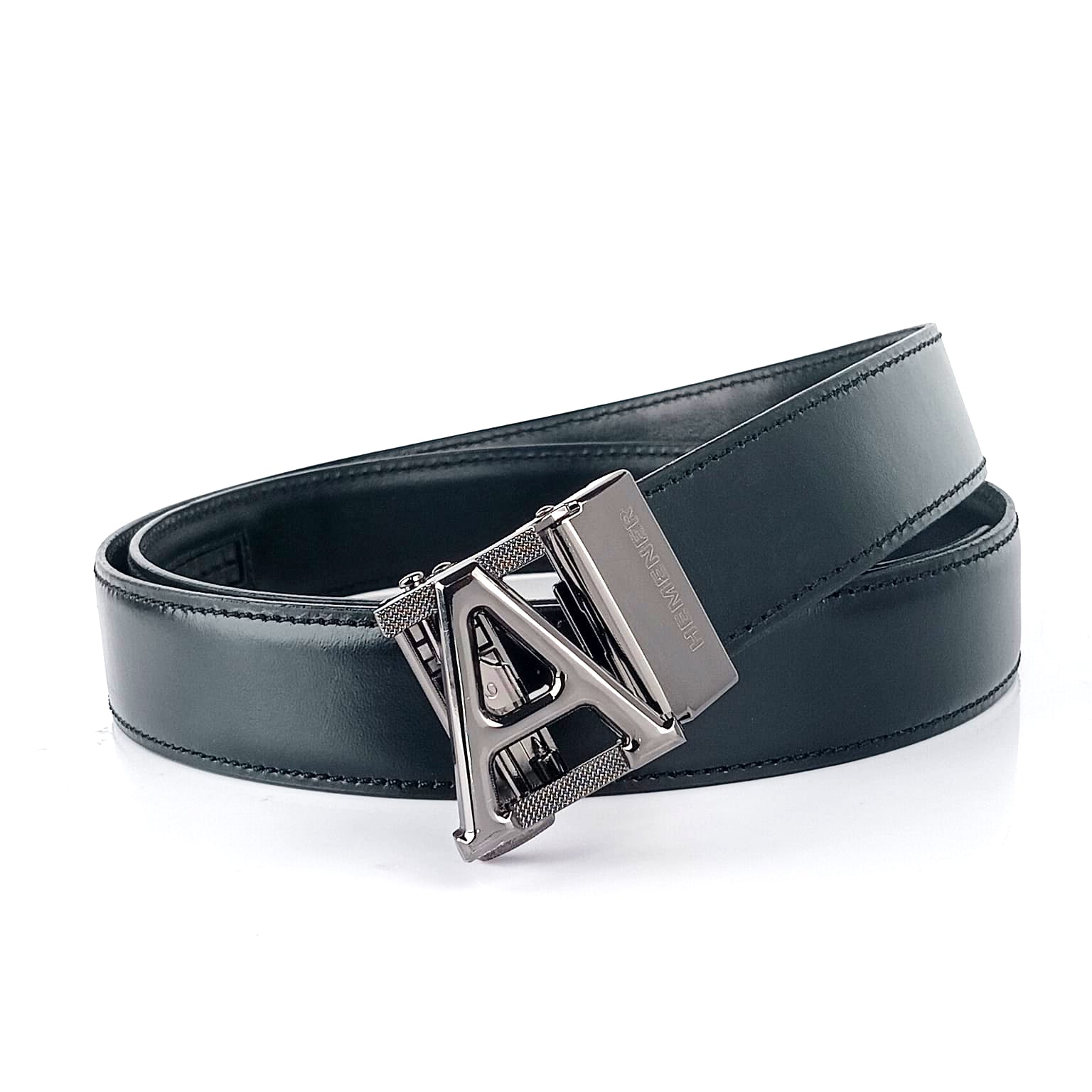 Hemener Men A Letter Metal Buckle Black Genuine Leather Belt