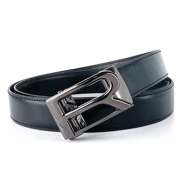 Hemener Men R Letter Metal Buckle Black Genuine Leather Belt