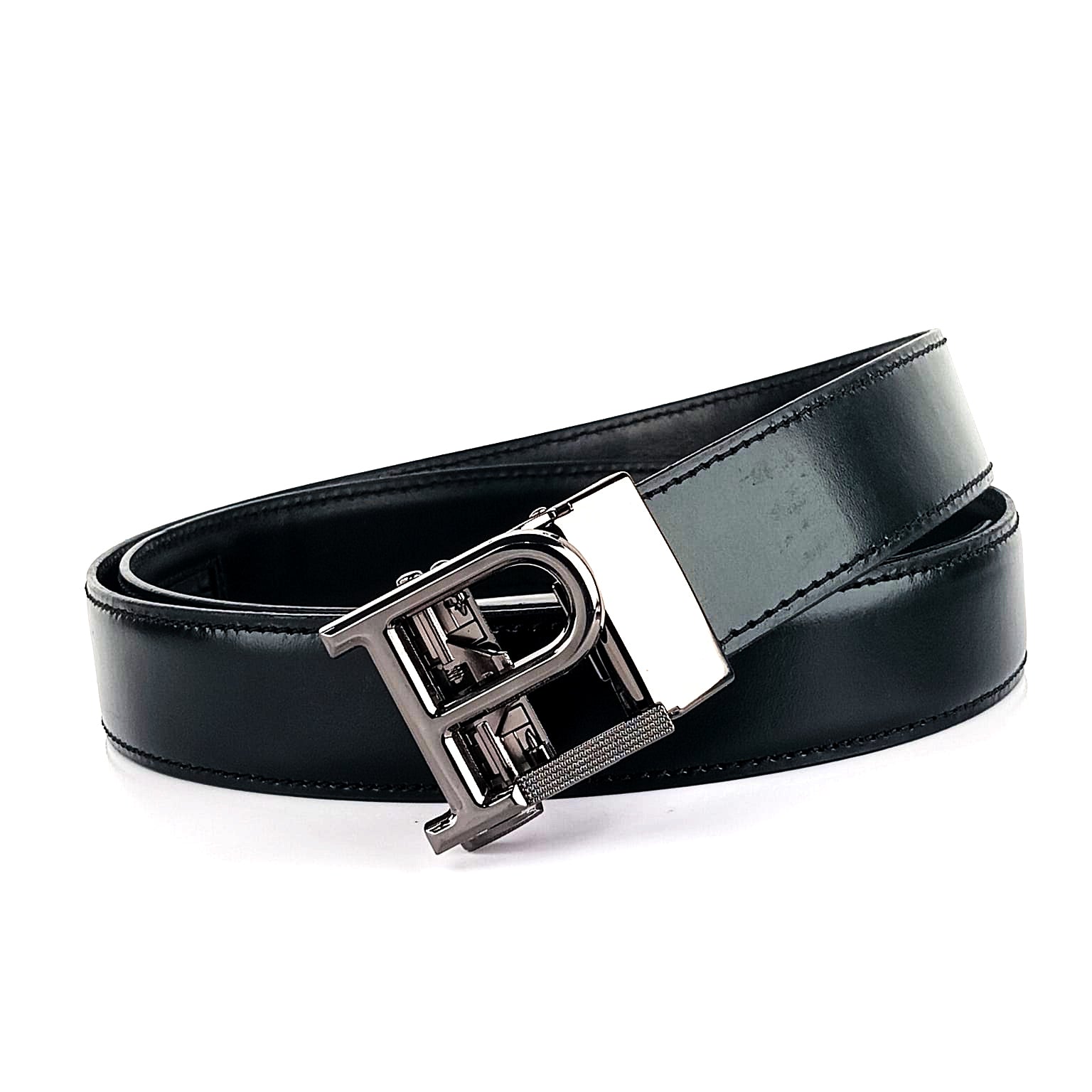 Hemener Men P Letter Metal Buckle Black Genuine Leather Belt