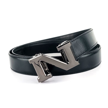 Hemener Men N Letter Metal Buckle Black Genuine Leather Belt