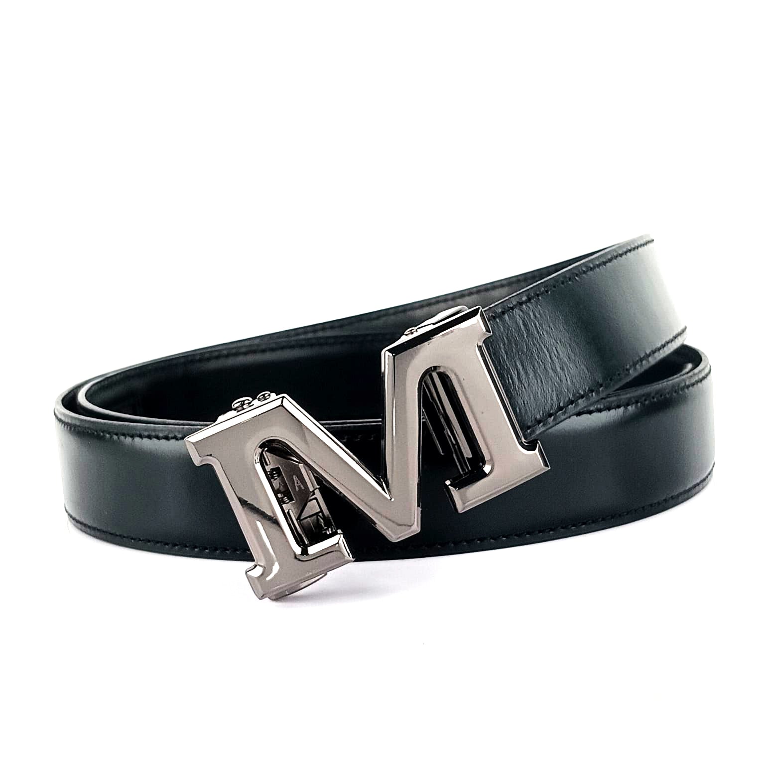 Hemener Men M Letter Metal Buckle Black Genuine Leather Belt