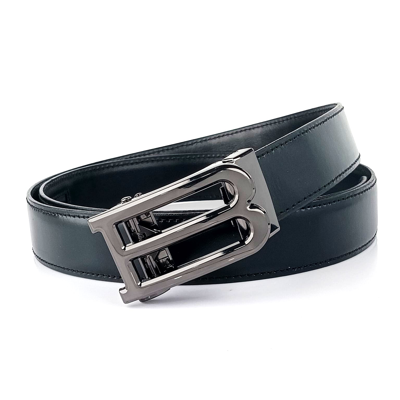 Hemener Men B Letter Metal Buckle Black Genuine Leather Belt