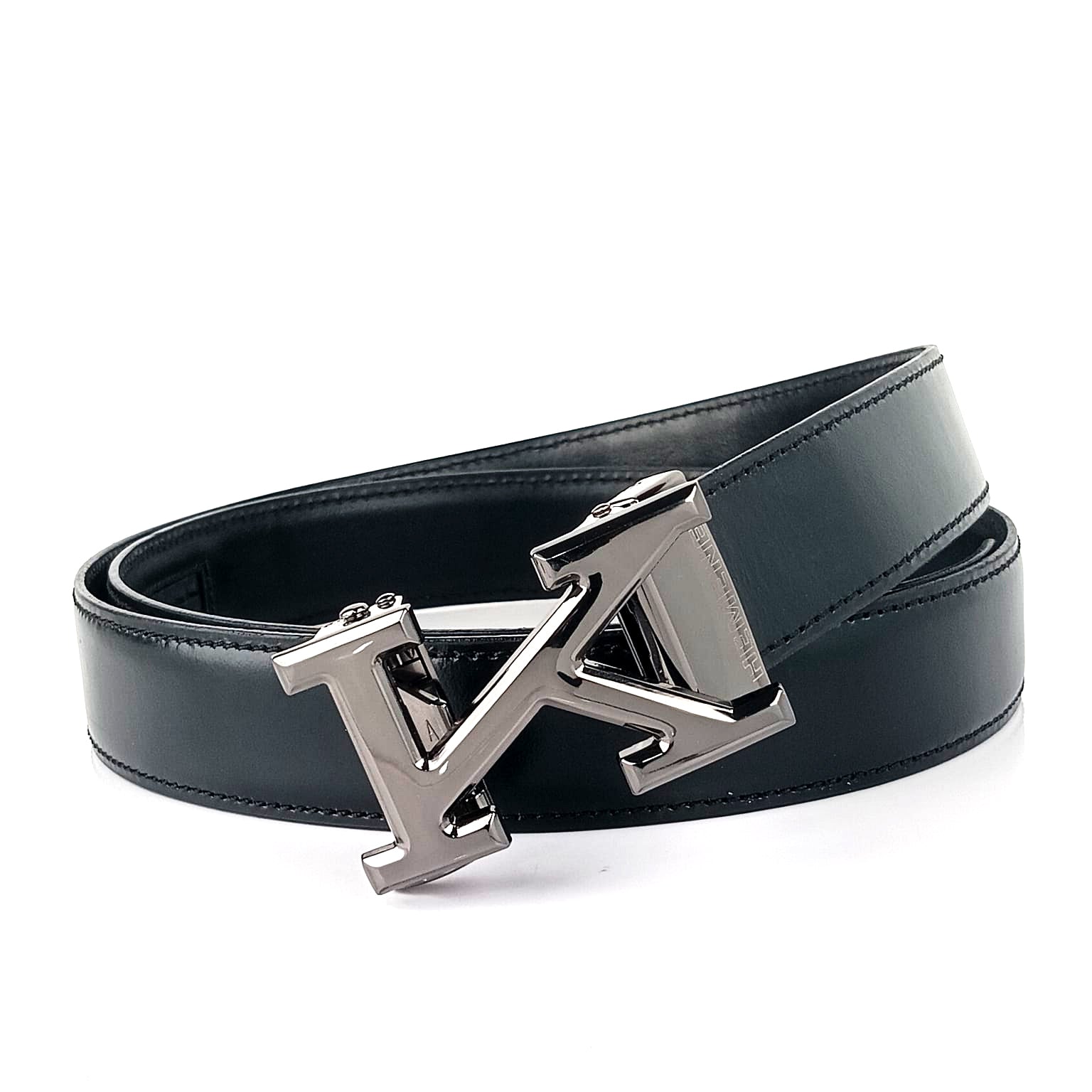 Hemener Men K Letter Metal Buckle Black Genuine Leather Belt