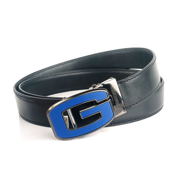 Hemener Men G Letter Metal Buckle Black Genuine Leather Belt