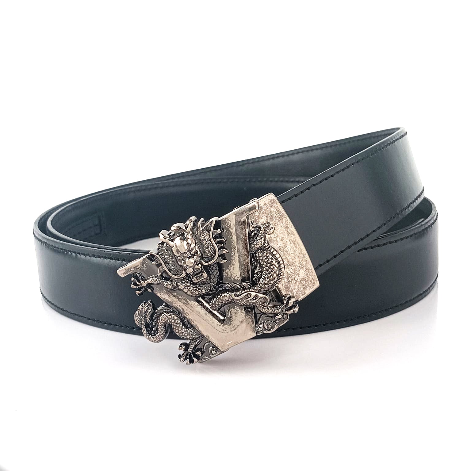 Hemener Men V Letter Metal Buckle Black Genuine Leather Belt