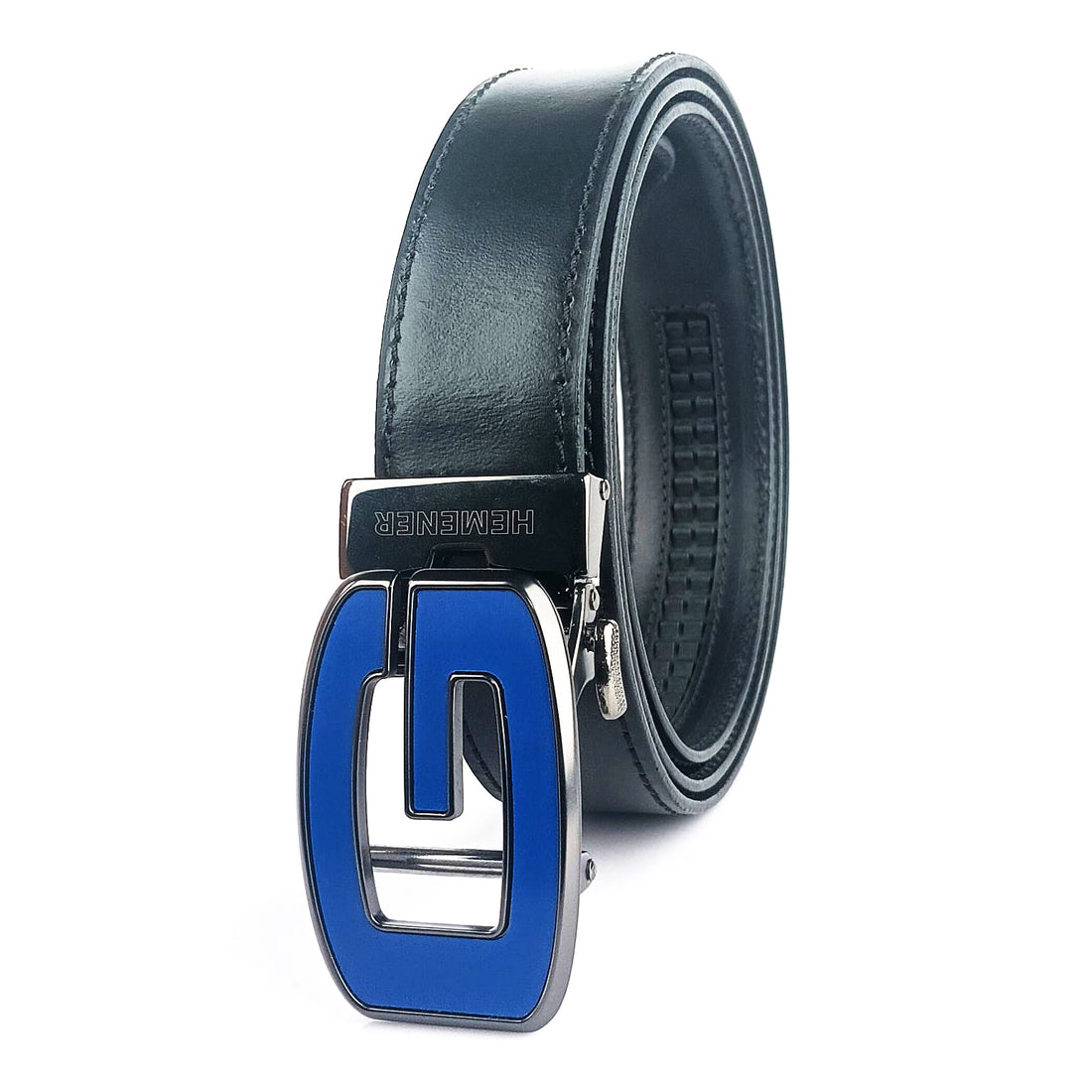 Hemener Men G Letter Metal Buckle Black Genuine Leather Belt