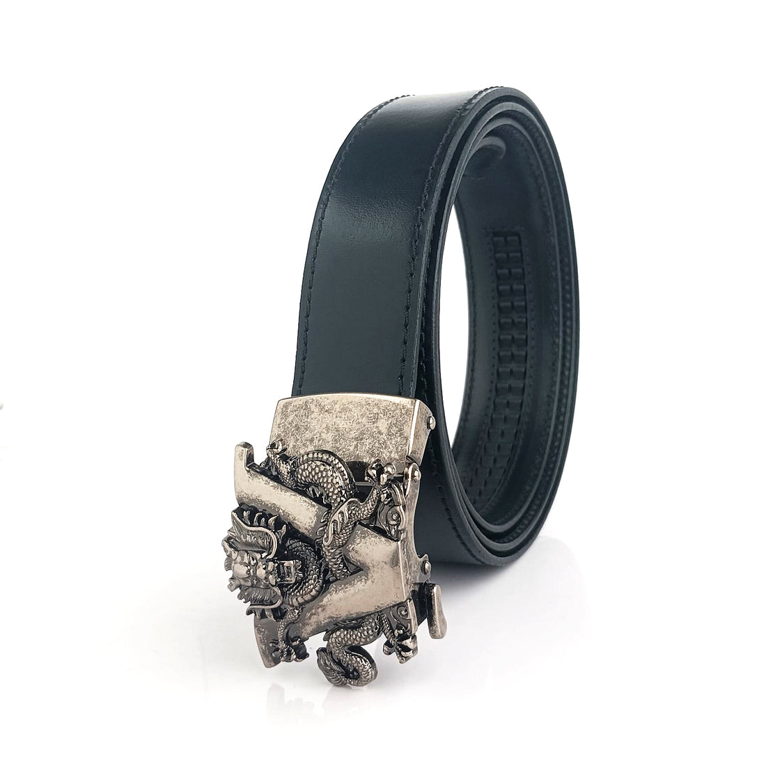 Hemener Men V Letter Metal Buckle Black Genuine Leather Belt