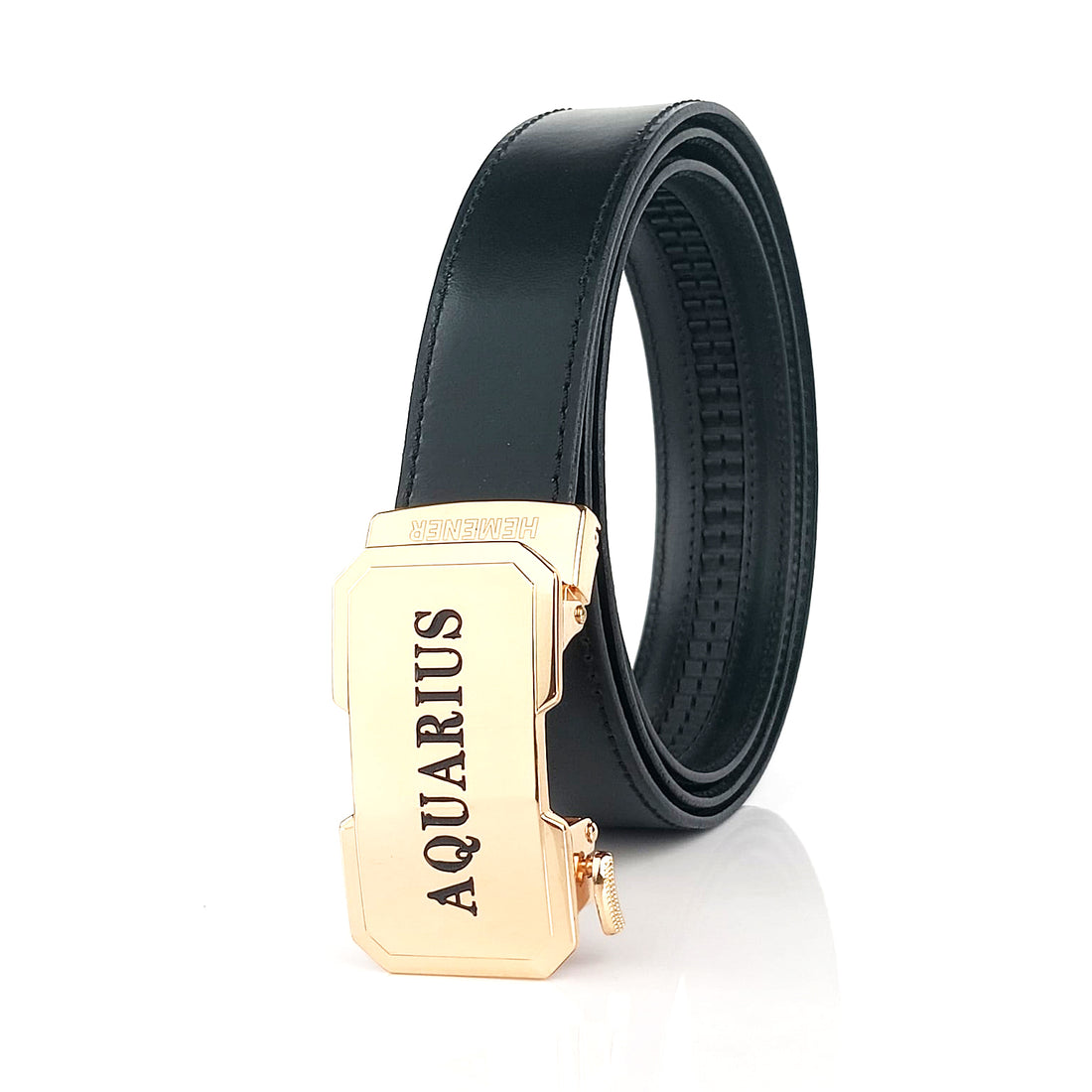 Hemener Men Aquarius Zodiac Buckle Black Genuine  Leather Belt