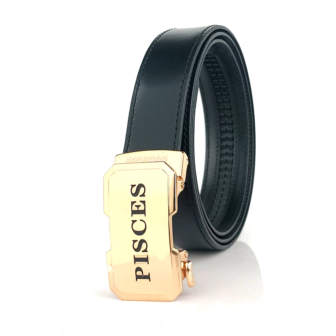 Hemener Men Pisces Zodiac Buckle Black Genuine  Leather Belt