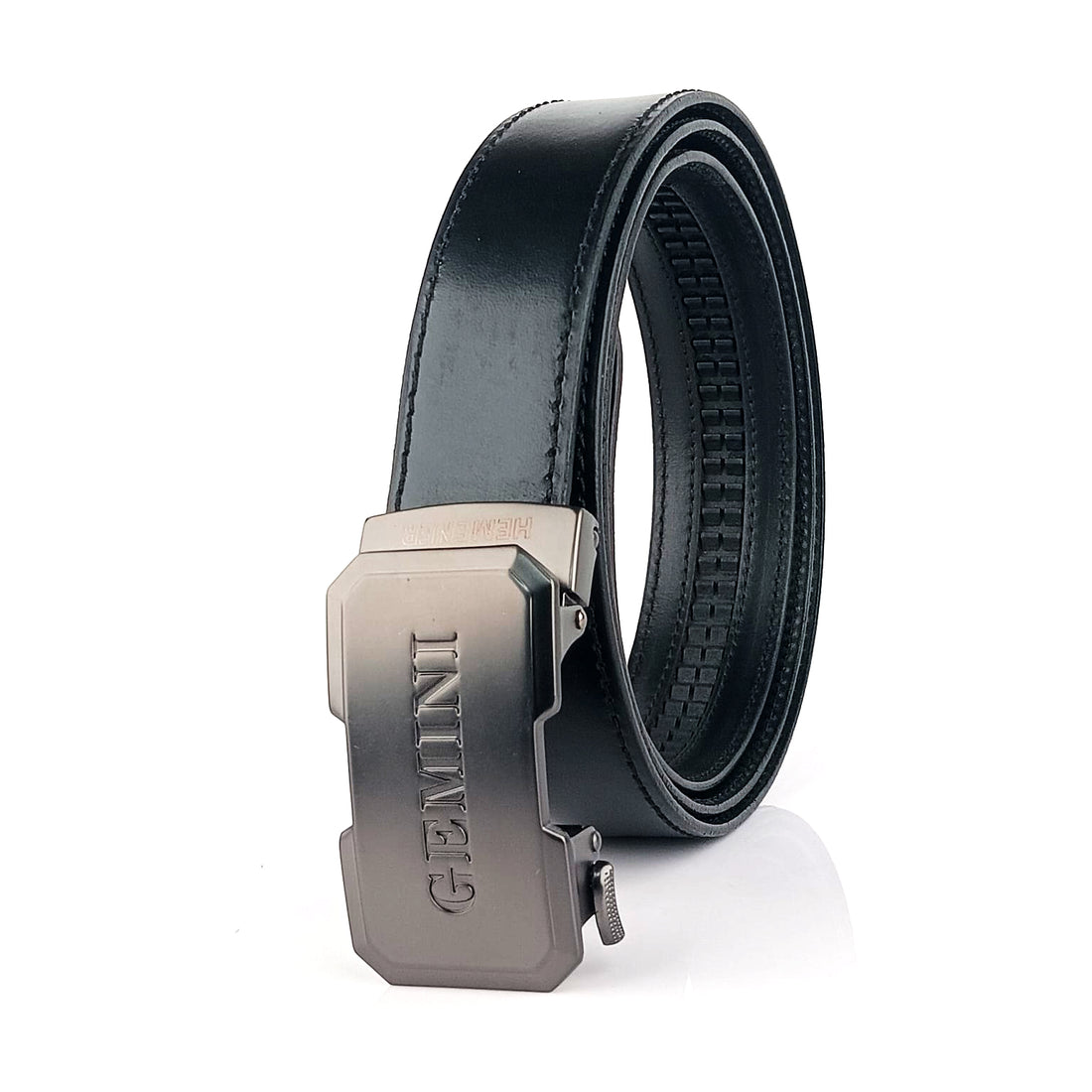 Hemener Men Gemini  Buckle Black Genuine  Leather Belt