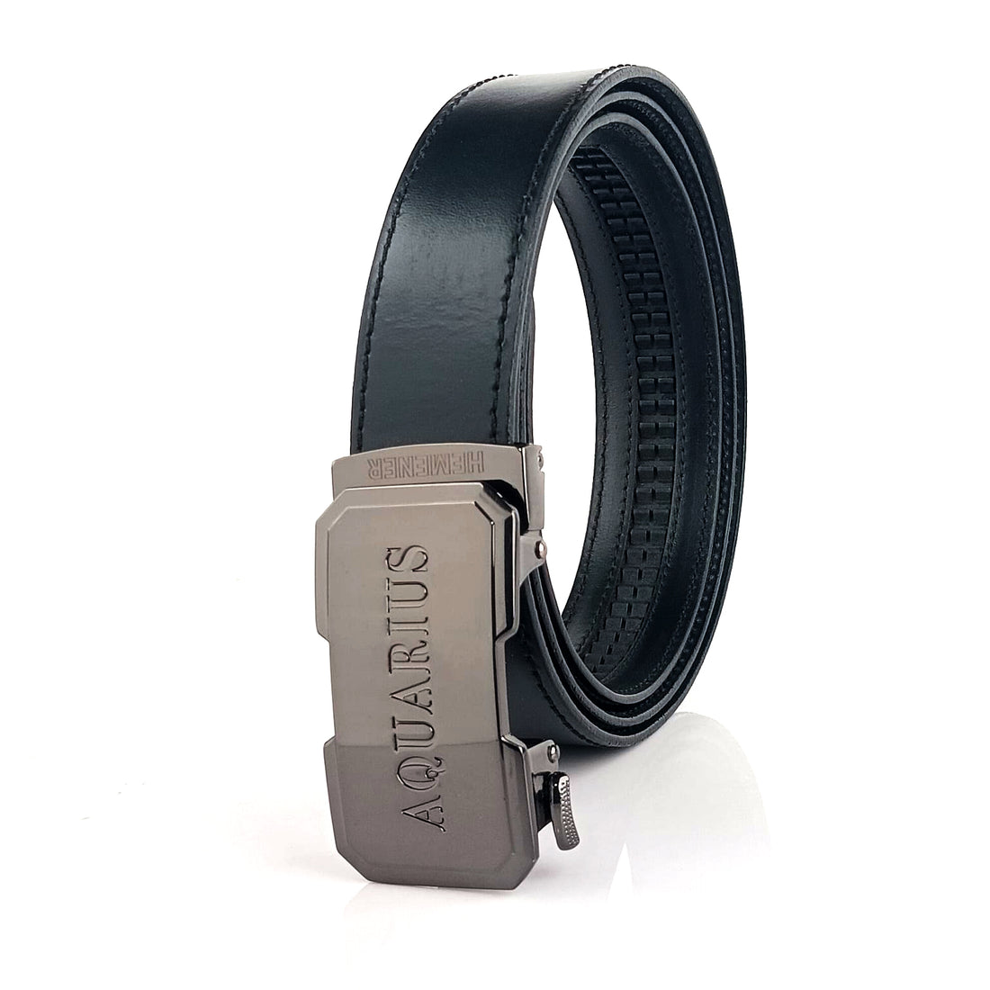 Hemener Men Aquarius Zodiac Buckle Black Genuine  Leather Belt