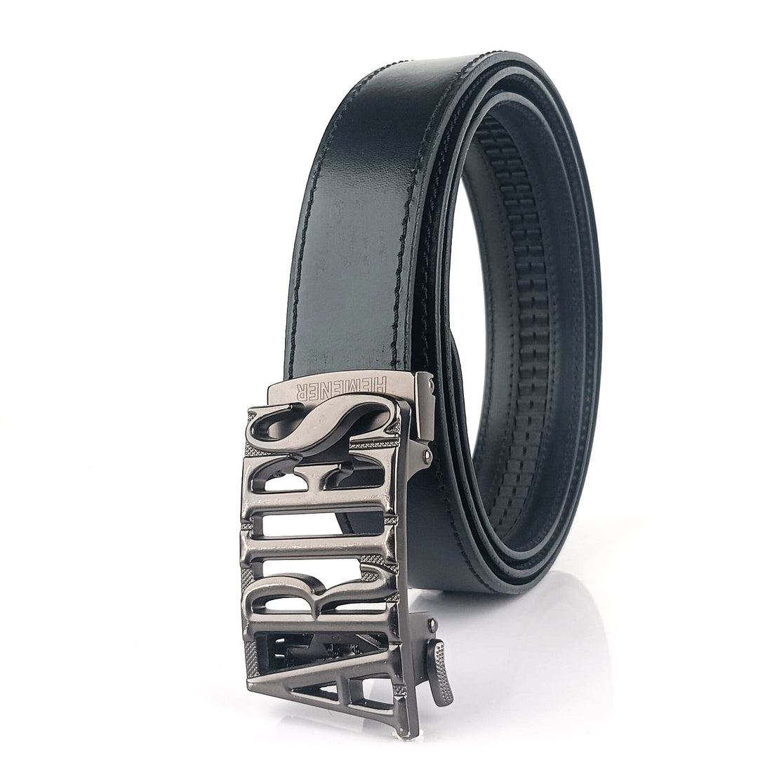 Hemener Men Aries Zodiac Buckle Black Genuine  Leather Belt