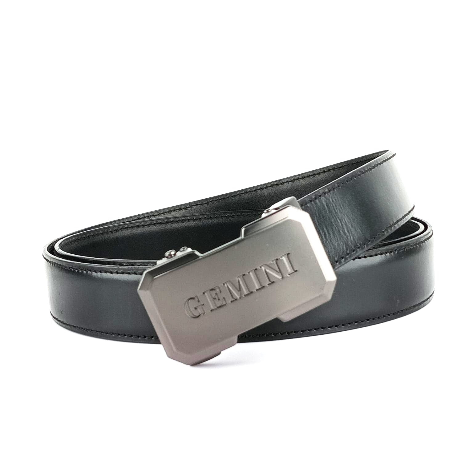 Hemener Men Gemini  Buckle Black Genuine  Leather Belt