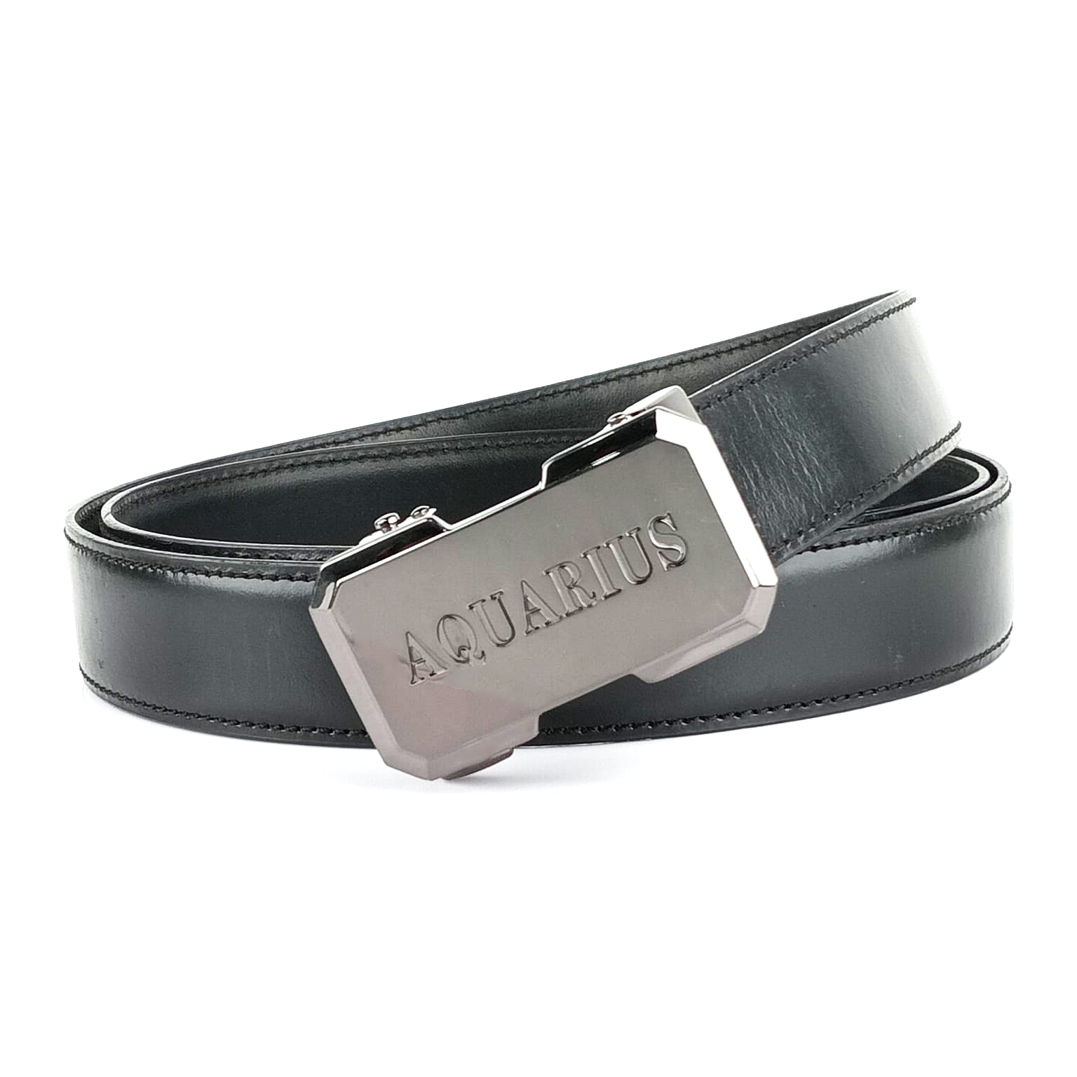 Hemener Men Aquarius Zodiac Buckle Black Genuine  Leather Belt