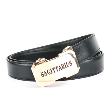 Hemener Men Sagittarius Zodiac Buckle Black Genuine  Leather Belt