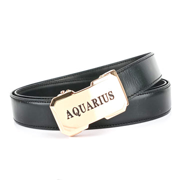 Hemener Men Aquarius Zodiac Buckle Black Genuine  Leather Belt