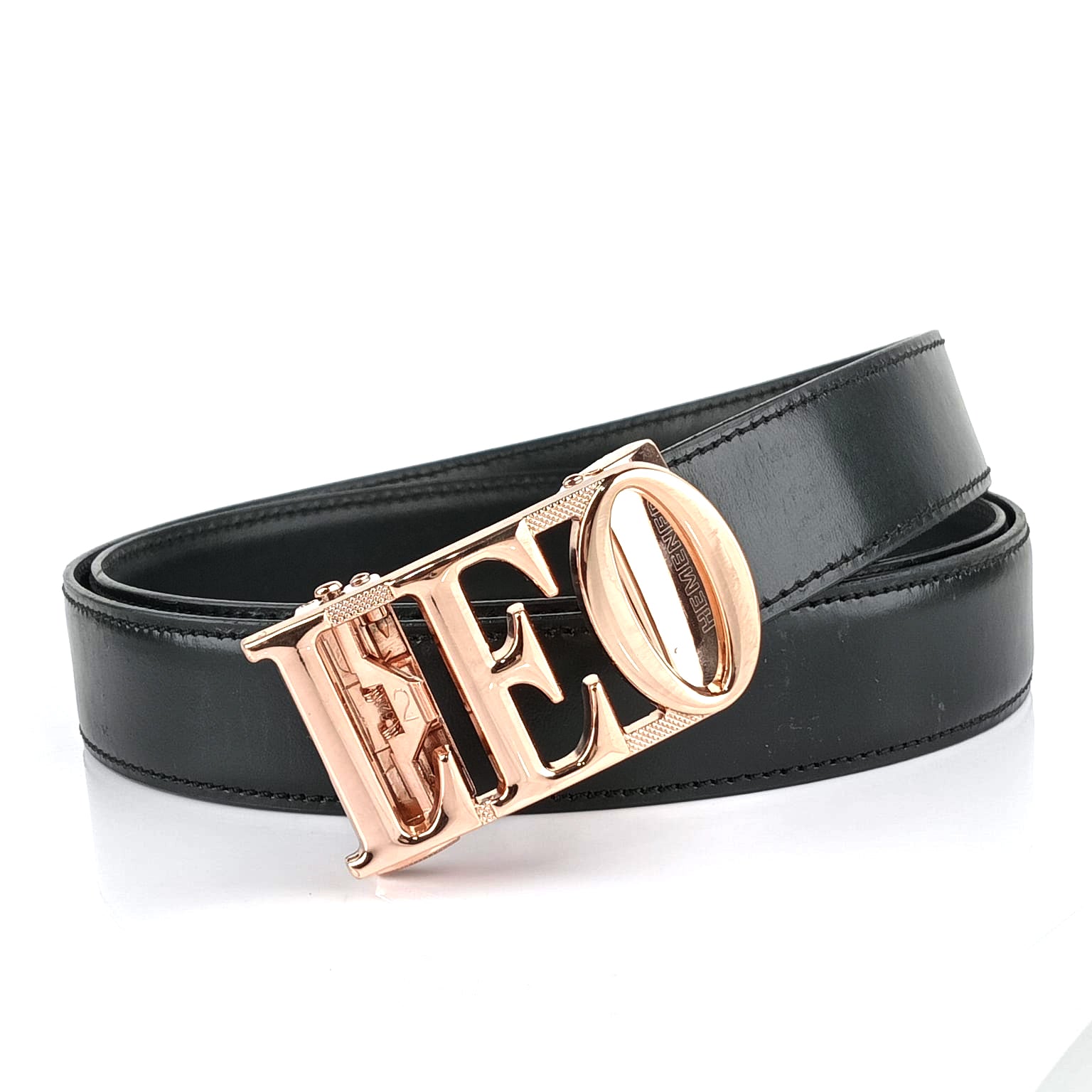 Hemener Men Leo Zodiac Buckle Black Genuine  Leather Belt