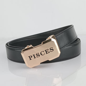 Hemener Men Pisces Zodiac Buckle Black Genuine  Leather Belt