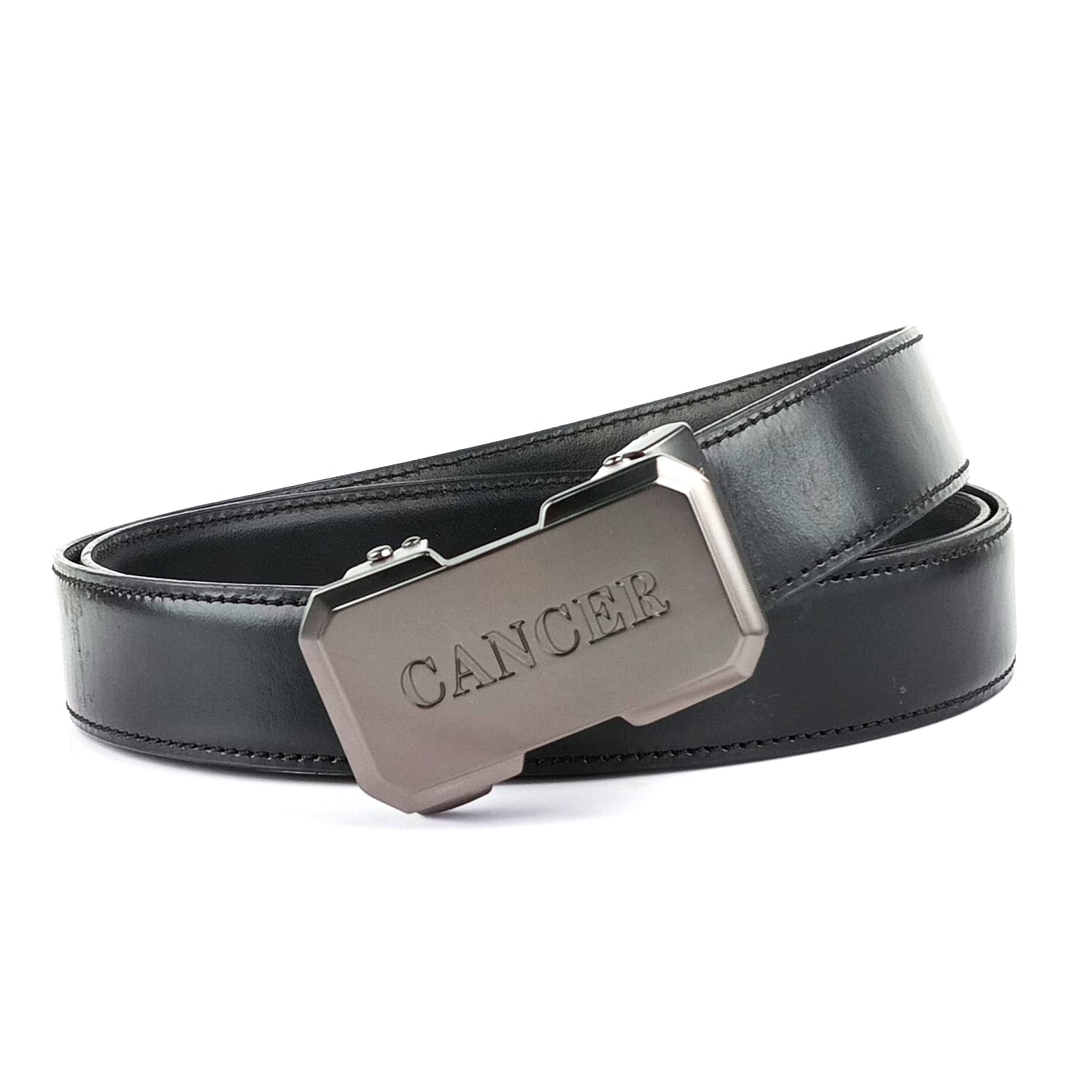 Hemener Men Cancer Zodiac Buckle Black Genuine  Leather Belt