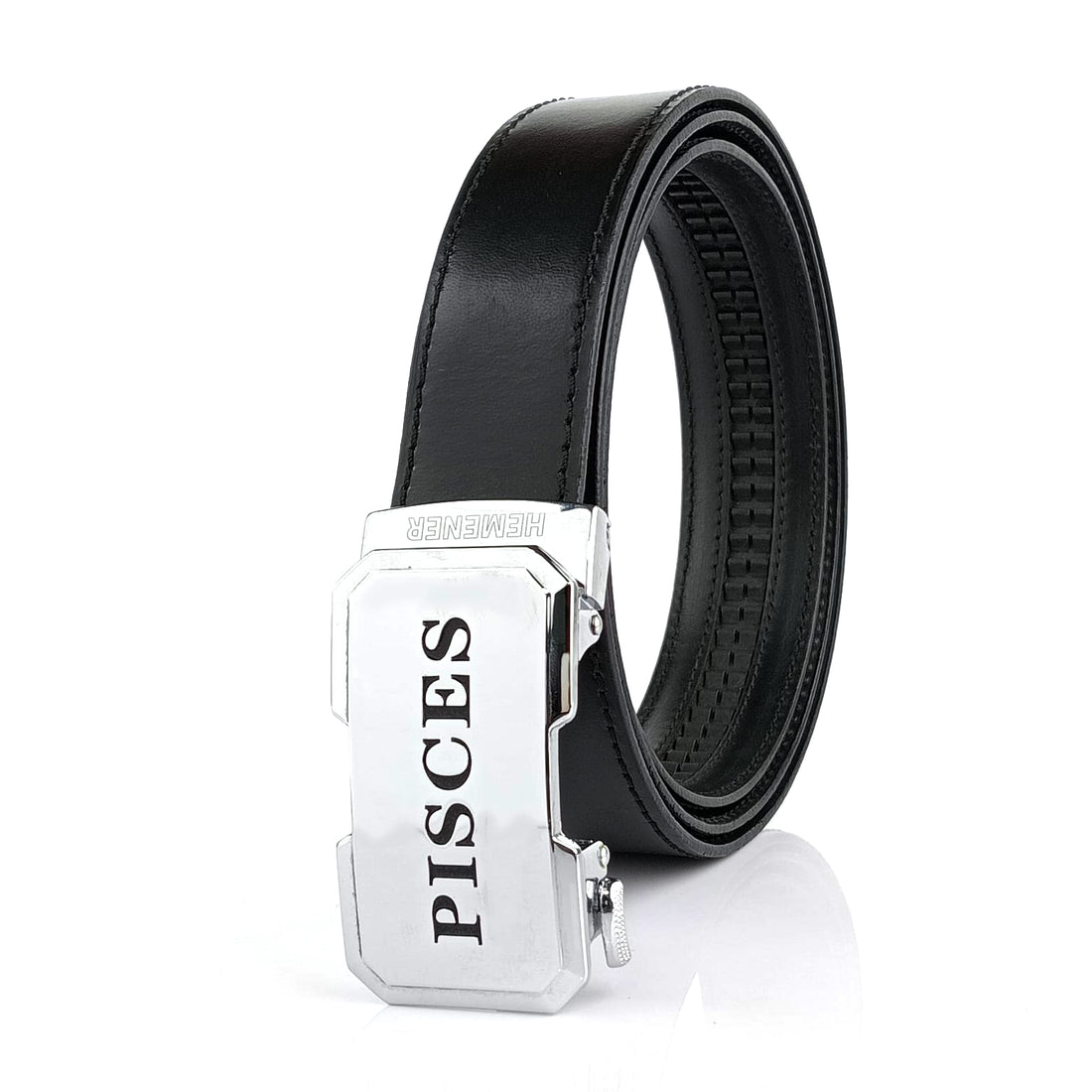 Hemener Men Pisces Zodiac Buckle Black Genuine  Leather Belt