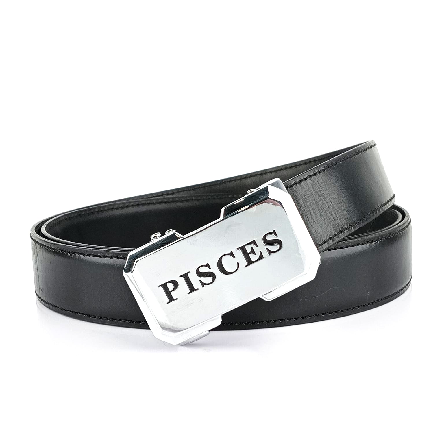 Hemener Men Pisces Zodiac Buckle Black Genuine  Leather Belt