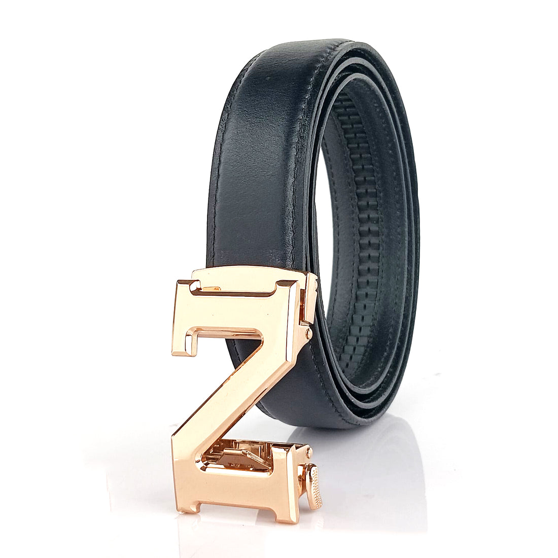 Hemener Men N  Letter Metal Auto Grip Buckle  Black Genuine Leather Belt