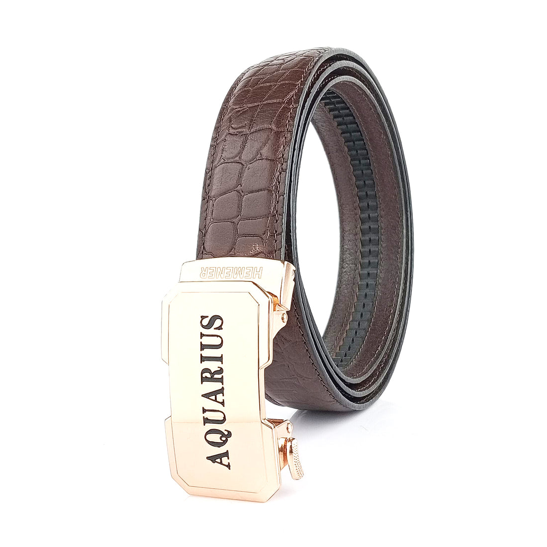 Hemener Men Aquarius Zodiac Buckle Genuine Leather Belt