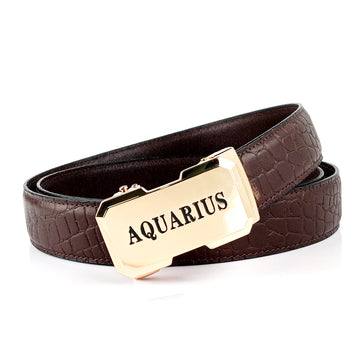 Hemener Men Aquarius Zodiac Buckle Genuine Leather Belt