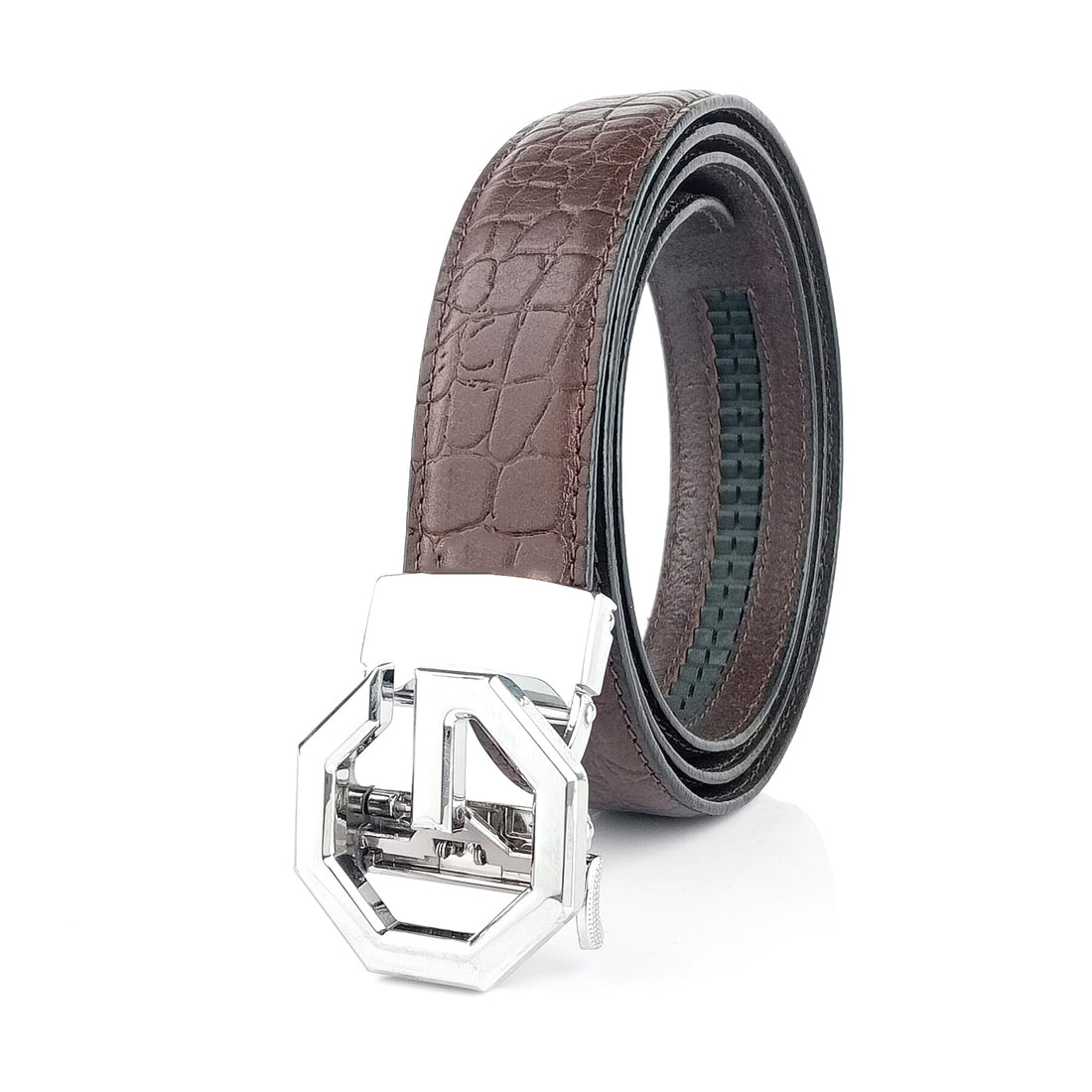 Hemener Men G Letter Metal Auto Grip Buckle Brown Croc Pattern Genuine Leather Belt